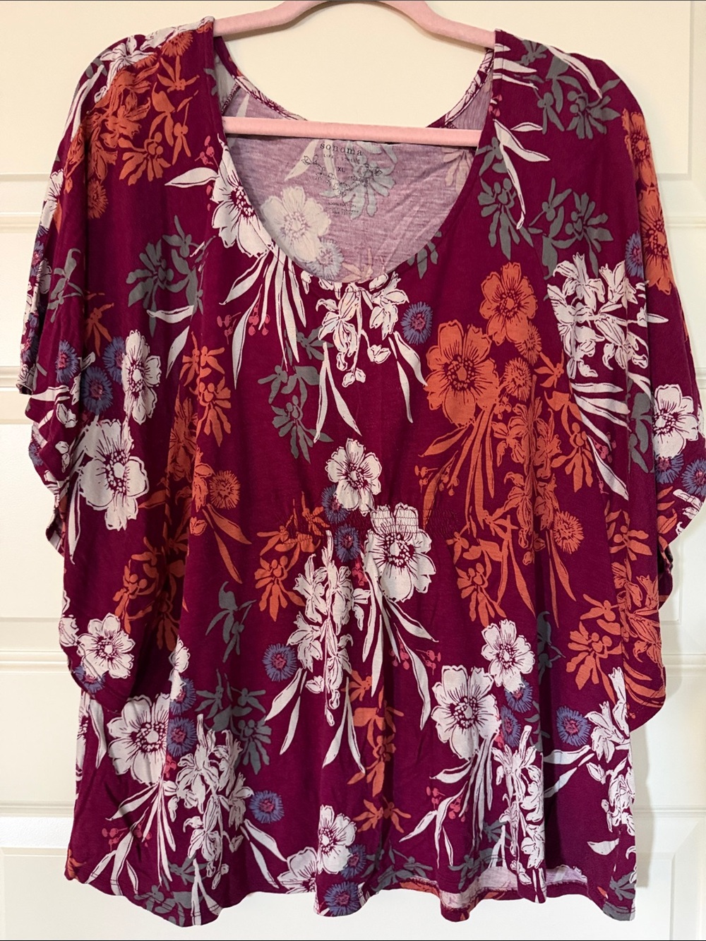 Sonoma Burgundy Floral V-Neck Dolman Tunic